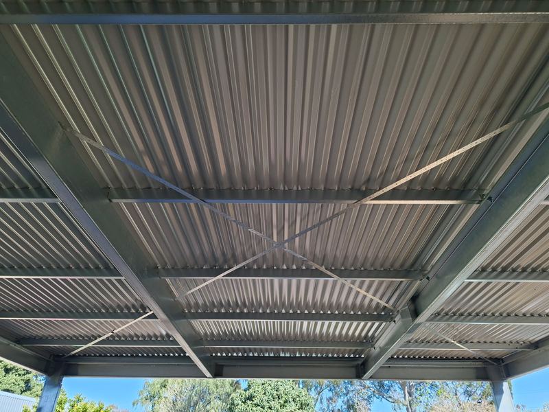 Steel frame, purlins and cross-bracing on a pergola built by Iron Works